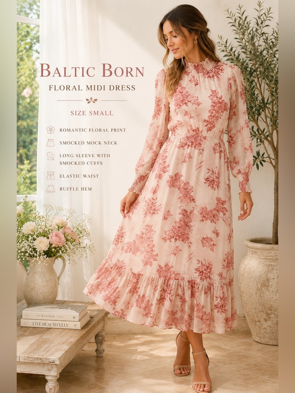 Baltic Born Pink Floral Mock Neck Long Sleeve Midi Dress Size Small